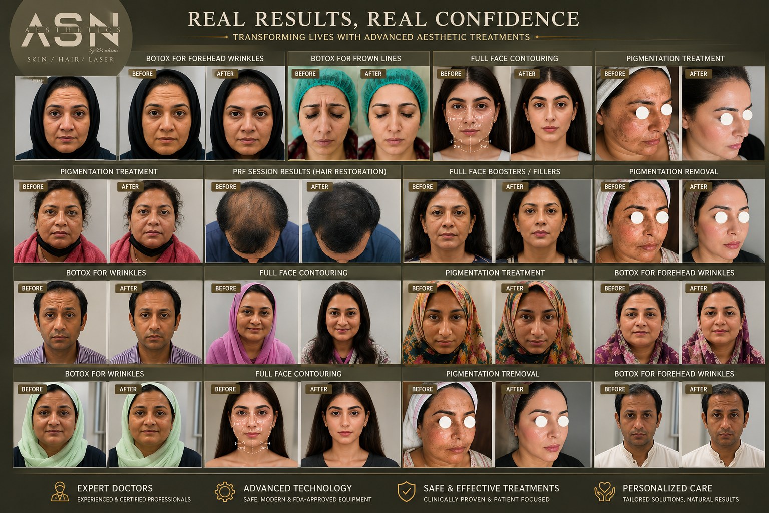 ASN Aesthetics before and after results board — 20 real client transformations in Faisalabad: Botox, fillers, pigmentation removal, PRF hair restoration and full-face contouring by Dr Ahsan